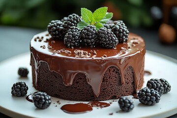 Wall Mural - Chocolate cake adorned with fresh blackberries and a mint sprig showcasing rich dessert indulgence and natural flavor fusion