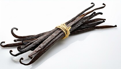 fresh vanilla beans displayed on a white surface for culinary use isolated on white background