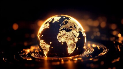 Wall Mural - digital tech globe rotation, network lights glowing dots, world data connectivity, gold on black bac
