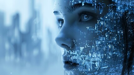 Young woman profile with digital code overlay in blue tones, representing artificial intelligence, machine learning and digital transformation concept.
