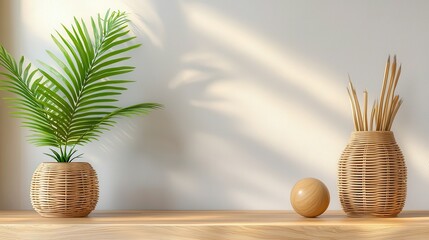 Wall Mural - stress management techniques. Decorative plants in stylish woven pots on a wooden shelf.