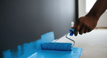 Close-up of african male painting wall with blue paint roller