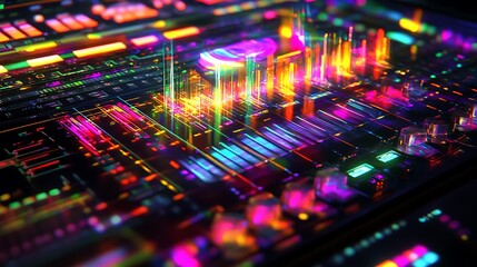 Vibrant Neon Lights Illuminate A Music Mixer Console