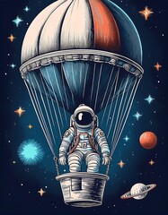 Wall Mural - Whimsical hot air balloon journeying through a vibrant cosmic galaxy with surrounding planets and twinkling stars. Generative AI