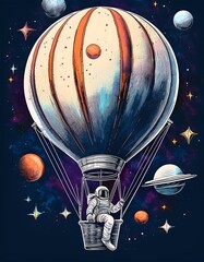 Wall Mural - Whimsical hot air balloon journeying through a vibrant cosmic galaxy with surrounding planets and twinkling stars. Generative AI