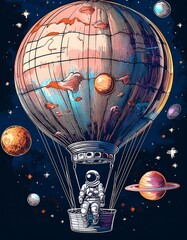 Wall Mural - Whimsical hot air balloon journeying through a vibrant cosmic galaxy with surrounding planets and twinkling stars. Generative AI