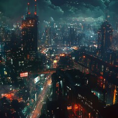 Aufkleber - Cyberpunk Cityscape at Night: Futuristic Urban Metropolis with Glowing Lights and Moody Atmosphere