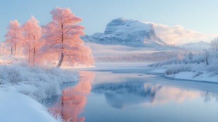 Pink frost-covered trees reflected in calm winter lake at sunrise, snowy mountain in background.