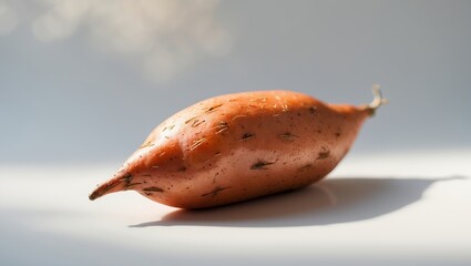 Poster - Sweet potato resting on a light surface, showcasing its natural texture and smooth skin under soft light