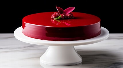 A glistening red cake, elegantly decorated with a vibrant flower, sits on a pristine white cake stand. The rich color and smooth glaze create a luxurious feel.