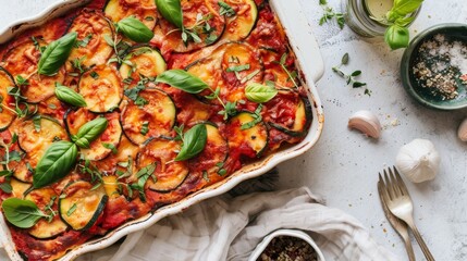 Delicious vegetarian zucchini and tomato lasagna with basil and spice garnish for gourmet meal inspiration