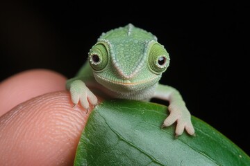 Poster - Green lizard perched on a finger while exploring a leaf in a close-up setting