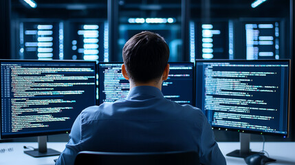 male programmer is focused on multiple screens displaying code in modern workspace. atmosphere is tech driven and professional, highlighting importance of programming
