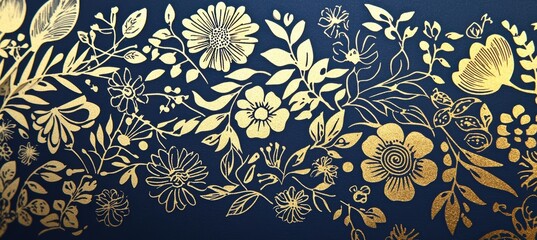 Wall Mural - Luxurious Mother's Day Card Design with Gold Foil Floral Patterns on Navy Blue Background