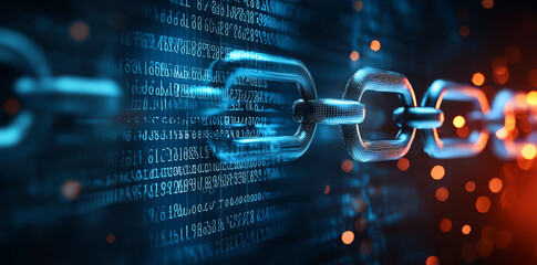 Digital chain representing blockchain technology with glowing links and binary code in background, symbolizing security and innovation in data management
