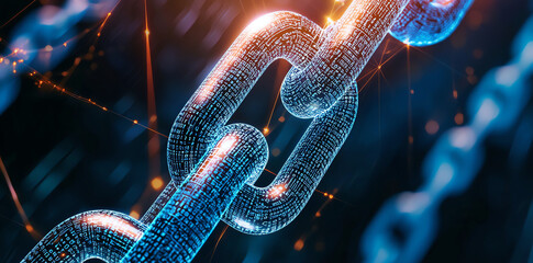 3D render of blockchain chain with binary code, symbolizing digital security and technology. glowing links represent connectivity and innovation in digital world