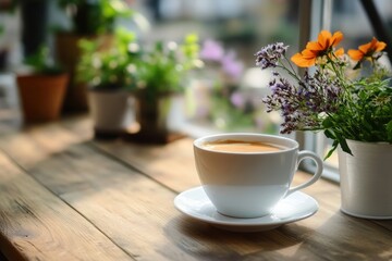Aufkleber - Warm cup of coffee on a wooden table with vibrant flowers in a cozy cafe setting during the morning. Generative AI