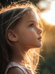 Aufkleber - Young girl gazes thoughtfully into the sunset while sunlight illuminates her face and hair in a serene outdoor setting. Generative AI