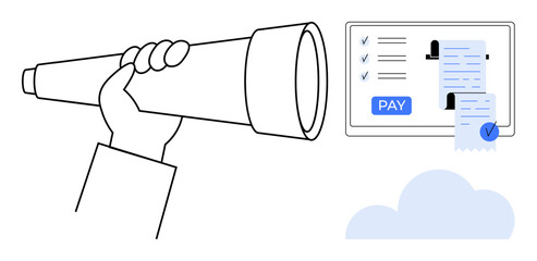 Hand holding a telescope looking towards a computer screen displaying a payment form with a checklist, receipt, and PAY button. Ideal for finance management, online transactions, seeking