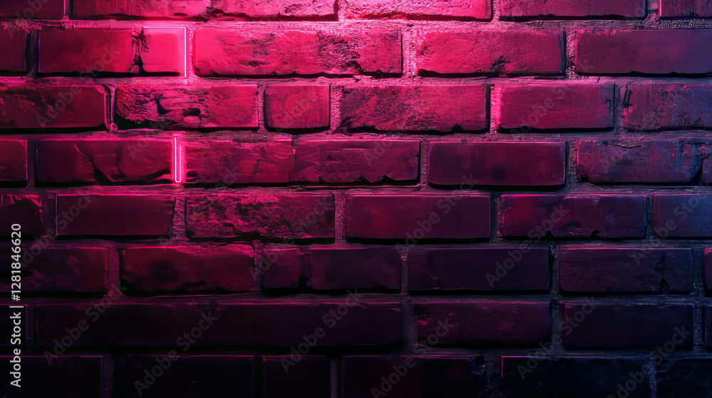 Dark red brick wall with pink neon outlines for urban design and decor ...