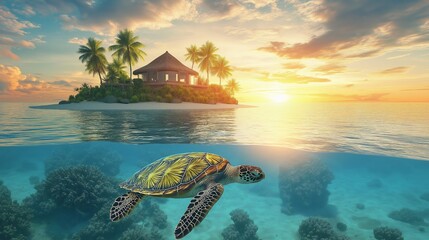 Wall Mural - tropical island beach view with a house and turtle swimming in clear waters near at sunset