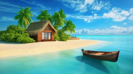 Wall Mural - tropical island beach view with a house and traditional wooden boat near