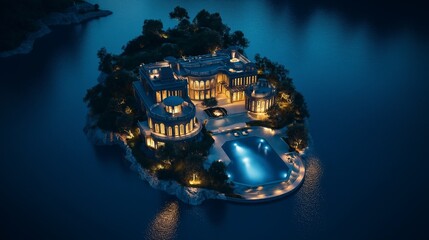 Wall Mural - mysterious illuminated castle reflects in waters near a rocky shore at dusk in a serene landscape