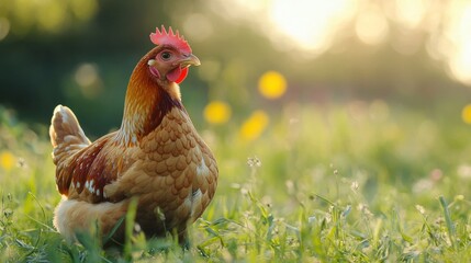 Poster - Chicken roaming in a vibrant green field during sunset near blooming flowers. Generative AI