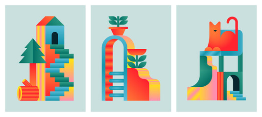 Wall Mural - abstract and colorful interior architecture compositions. contemporary geometric vector illustration