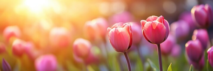 Leinwandbilder - Vibrant tulips blooming in a sunlit garden during springtime creating a colorful landscape. Generative AI