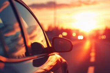 Poster - Sunset reflection on a car side mirror while driving down a highway at dusk. Generative AI
