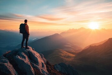 Leinwandbilder - Hiker enjoys breathtaking sunset view from mountain peak overlooking expansive landscape. Generative AI