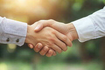 Aufkleber - Hands shake in a warm outdoor setting signifying agreement or partnership during a bright afternoon. Generative AI