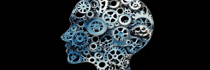 Leinwandbilder - Contour of a human head filled with gears and cogs symbolizing the concepts of artificial intelligence and innovation. Generative AI