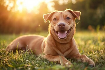 Aufkleber - Happy dog lounging in the sun on green grass during golden hour in a peaceful outdoor setting. Generative AI