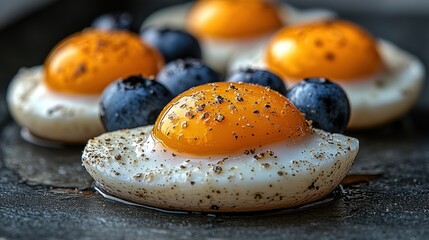 Wall Mural - Gourmet Eggs, Blueberries, Dark Plate, Close-up, Food Blog