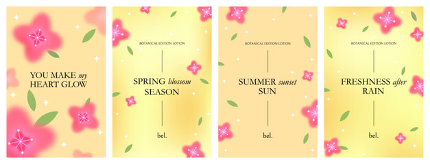 Leinwandbilder - Spring Background with Pink Sakura Flowers and Yellow Gradient. Vector Abstract Floral Posters Design. Blurry Spring Gradients