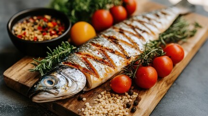 Wall Mural - Grilled fish, herbs, tomatoes, spices, wood board, food photography, recipe