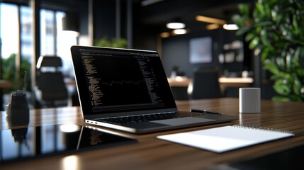 A laptop is open on a desk with a notebook and a cup