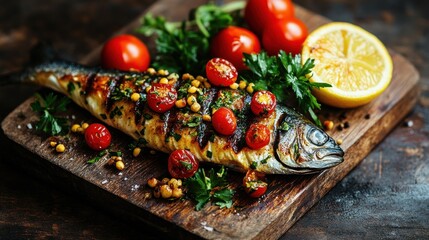 Wall Mural - Grilled fish, herbs, lemon, tomatoes, rustic kitchen