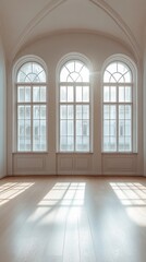 Fototapete - Large empty room features white walls and tall windows that allow generous sunlight to illuminate the soft wooden floor. Shadows create intricate patterns on the surface.