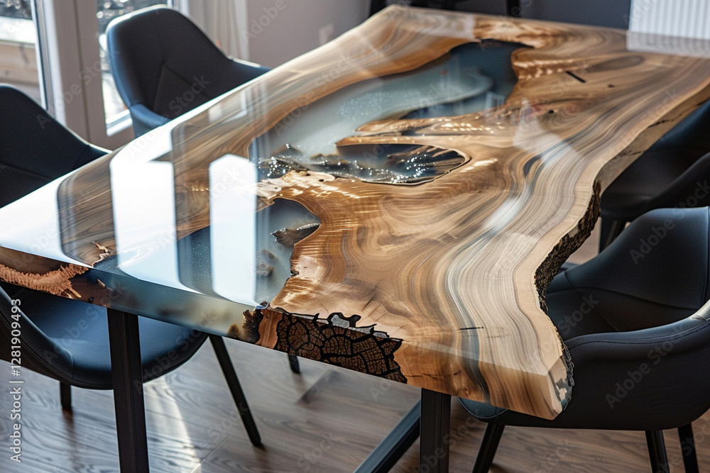 Epoxy resin wood table with vibrant blue river design, showcasing ...