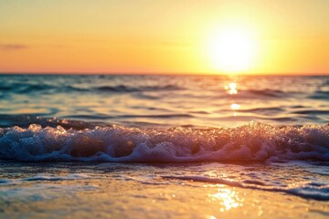Fototapete - Sunset over ocean waves at a serene beach during golden hour in the early evening. Generative AI