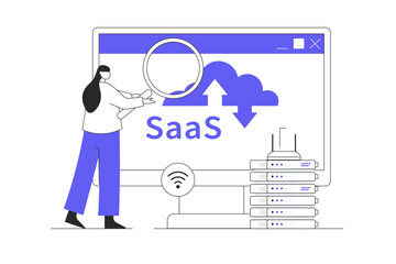 Wall Mural - saas concept, software as a service. cloud computing and storage, online subscription to programs. f