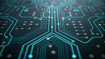 Abstract technology background with cyan overlay lines digital circuit high-tech environment close-up view