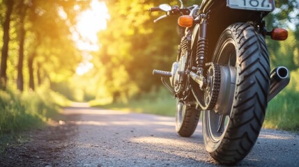 Leinwandbilder - Motorcycle parked on a sunlit path surrounded by trees during late afternoon. Generative AI