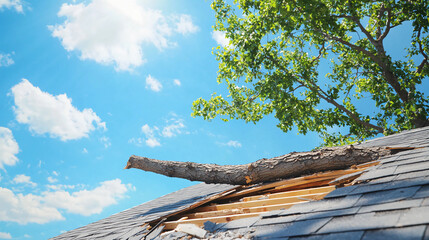 A damaged roof with a fallen branch, surrounded by a clear blue sky and a lush green tree, highlights the impact of nature on structures.