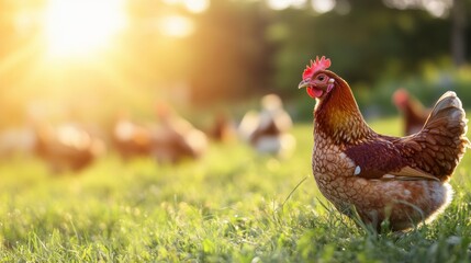 Poster - Beautiful hen foraging in a sunlit farm pasture with other chickens in the background during golden hour. Generative AI