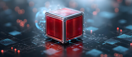 Wall Mural - a red cube sits on a black surface with a blue background