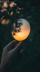 Aufkleber - Reflective mirror held in hand captures vibrant sunset over natural landscape during evening hours. Generative AI
